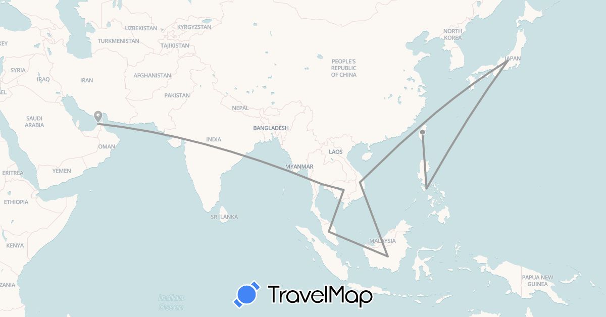 TravelMap itinerary: plane in United Arab Emirates, Indonesia, Japan, Cambodia, Malaysia, Philippines, Thailand, Taiwan, Vietnam (Asia)